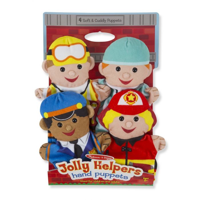 Melissa & Doug - Jolly Helpers Hand Puppets (Set of 4) - Construction Worker, Doctor, Police Officer, and Firefighter