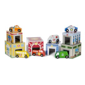 Melissa & Doug Nesting and Sorting Buildings Set with 6 Wooden Vehicles Toy, Multi-Colour