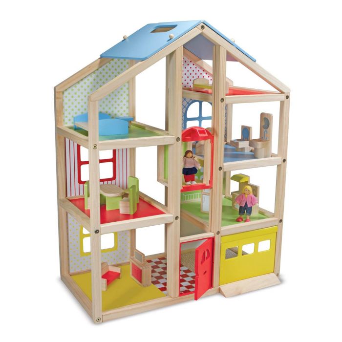 Melissa and Doug Hi-Rise Wooden Dollhouse With 15 pcs Furniture - Garage and Working Elevator